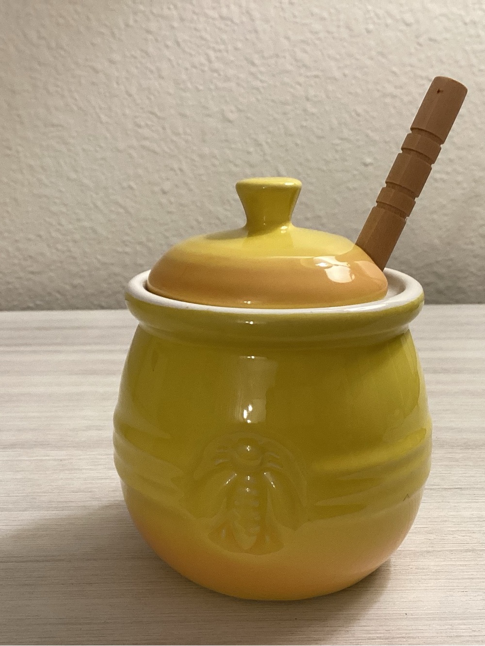 Creative Co-Op  Embossed Stoneware Honey Pot with Wood Honey Dipper - NWOT